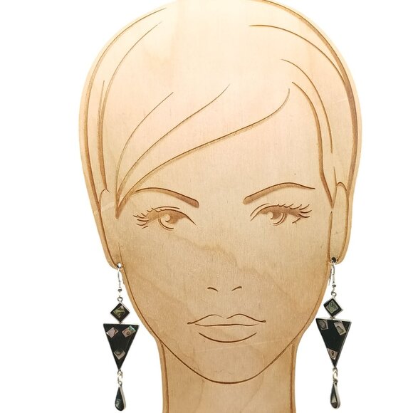 Vintage Abalone & Silver Geometric Dangle Earrings from Alpaca Mexico - Picture 3 of 4